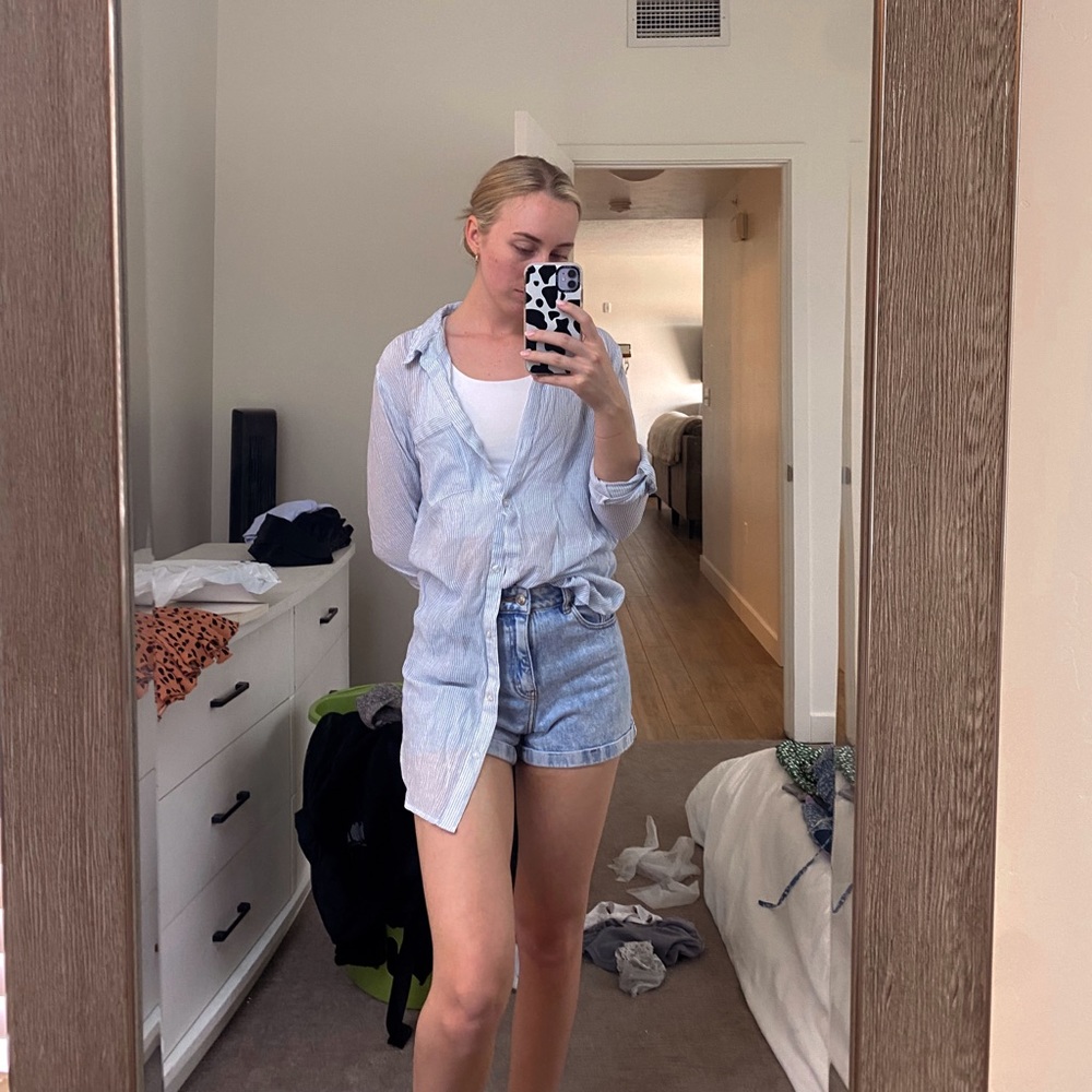 Long White And Blue Striped Button Down
